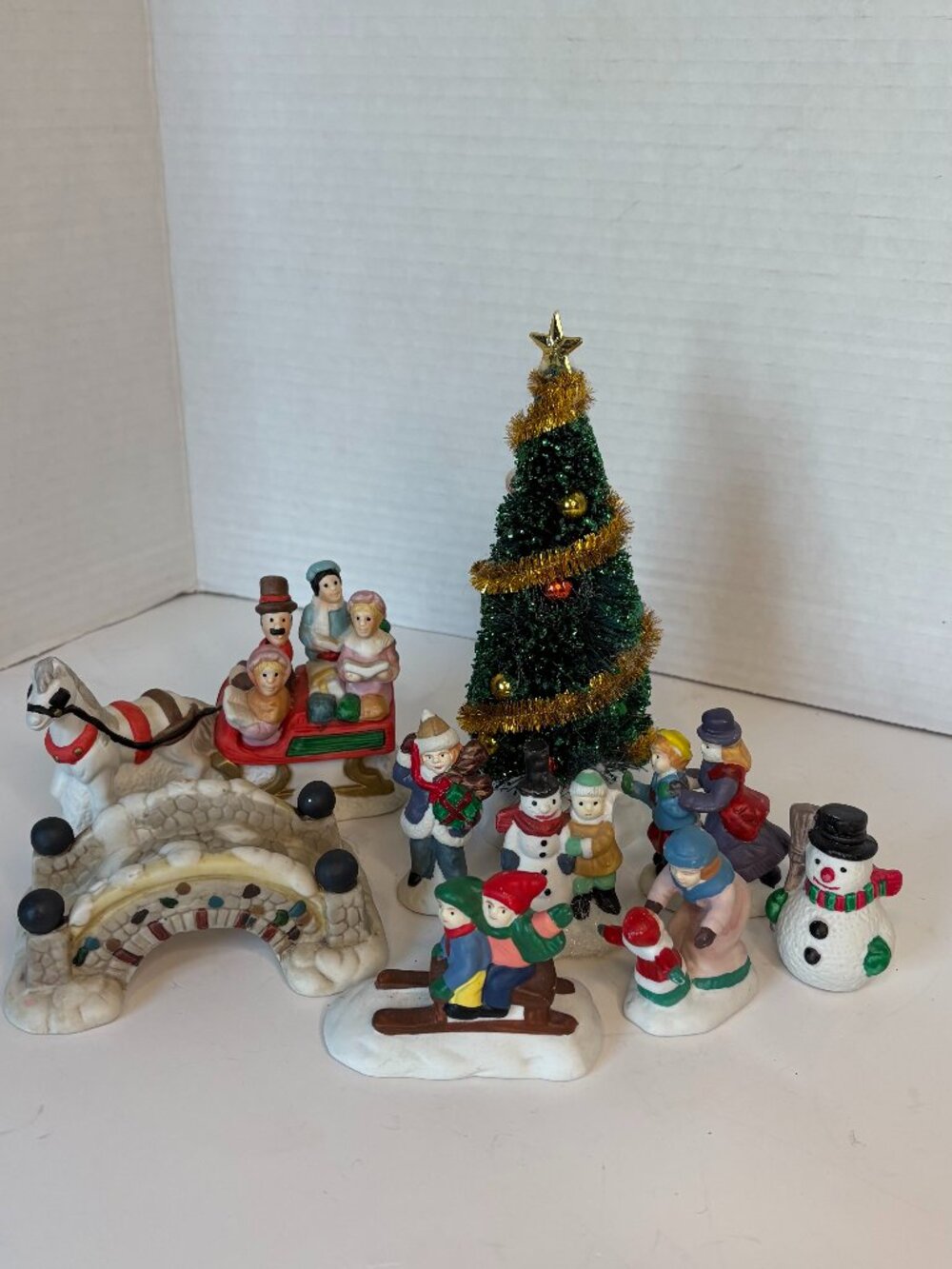 Christmas Village Accessory Lot of 9 Porcelain Figures Horse Wagon Bridge & 7" T